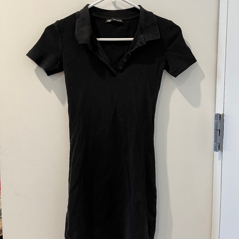 Zara Black Mini Ribbed Collared Dress Size Small